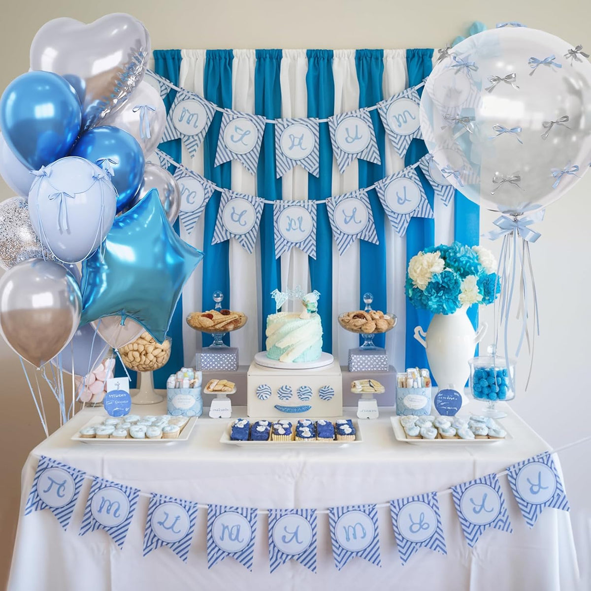 Blue and Silver Balloons Heart Star Mylar Balloons, Happy Birthday Decorations for Men Women