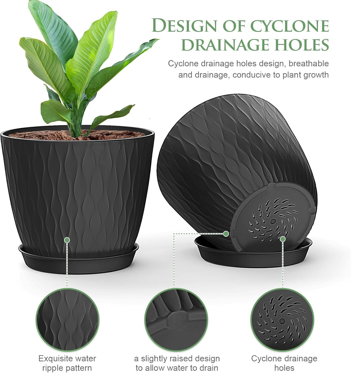 6 inch Plant Pots, 5 Pack Flower Pots with Drainage Holes and Saucers for Indoor Plants, Plastic