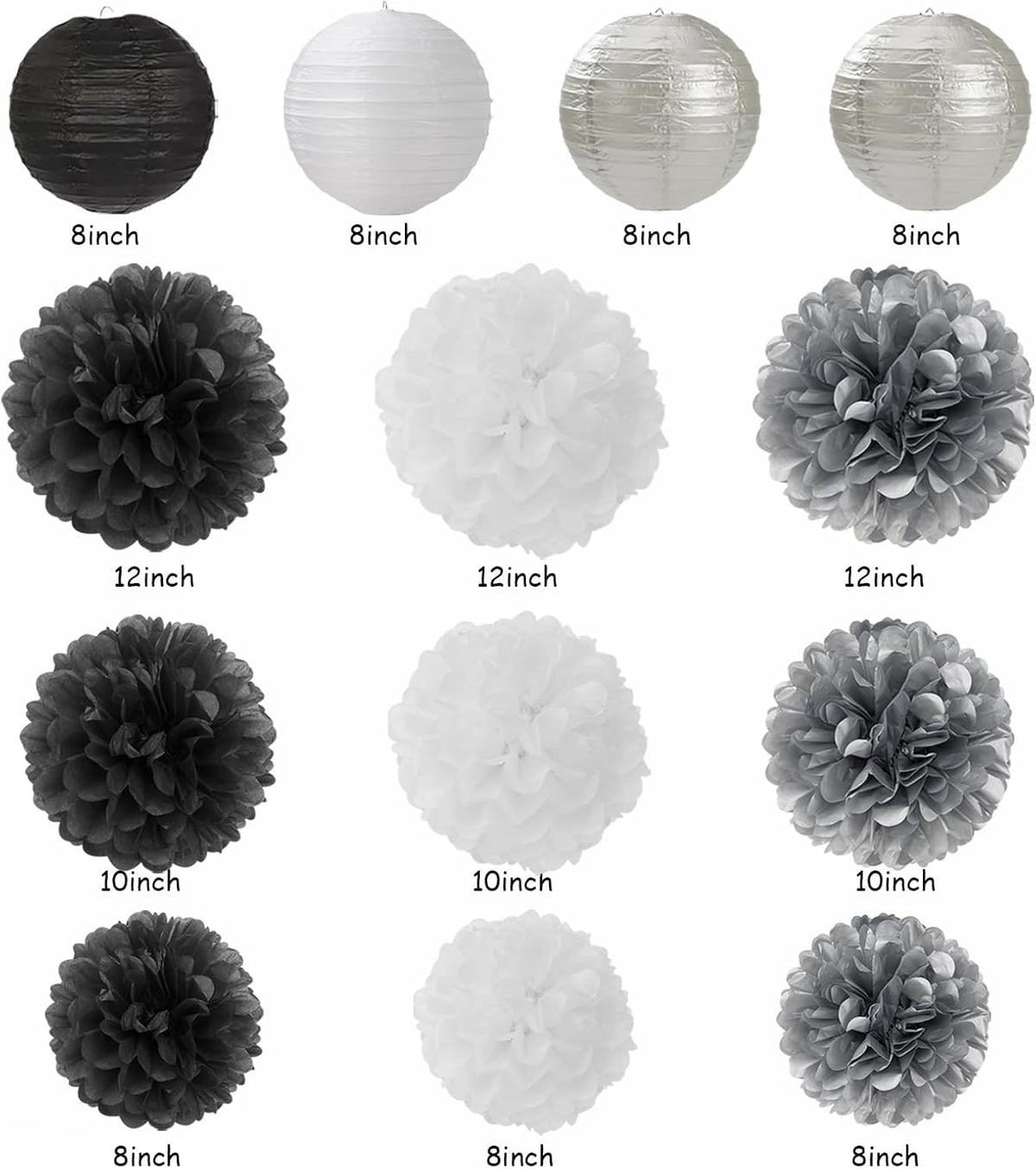 Black White Silver Party Decorations - 20pcs New Year Men Birthday Paper Lanterns Fans,Tissue Pom