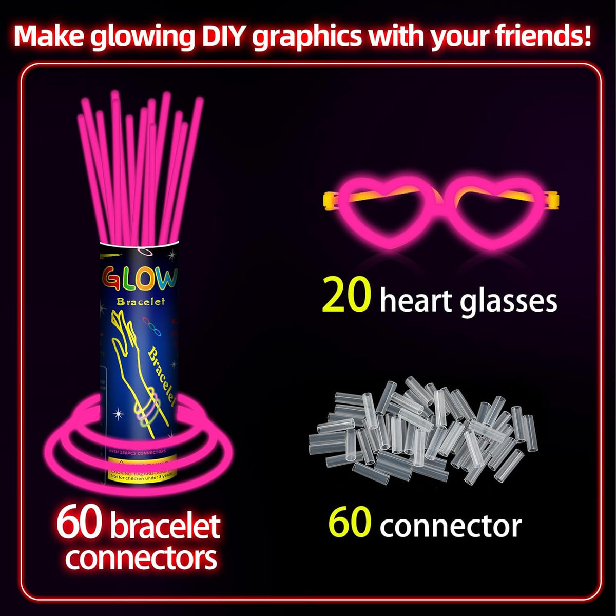 60 Pack 8” Pink Glow Sticks Bulk Bright Glow Sticks with 60 Connectors 20 Heart Glasses Glow In The