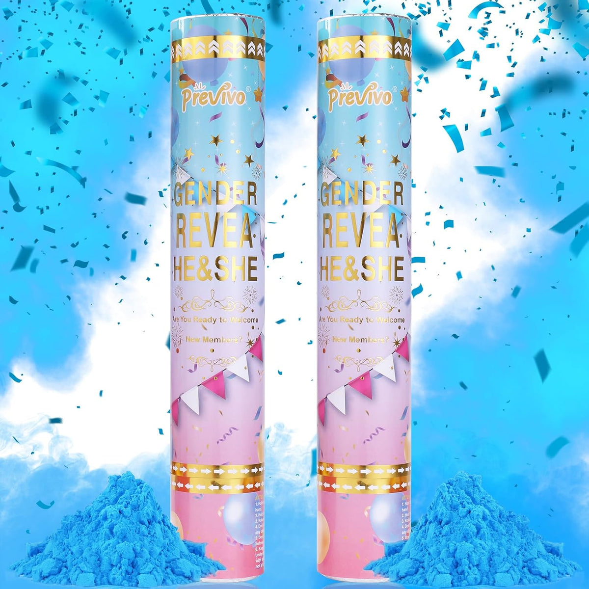 Previvo Gender Reveal Confetti Powder Cannon - 2 Pack Blue Baby Gender Reveal Poppers - 100%