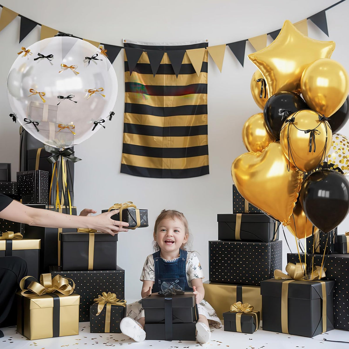 Black and Gold Balloons Heart Star Shape Foil Balloons for Birthday Party, Metallic Gold and Black
