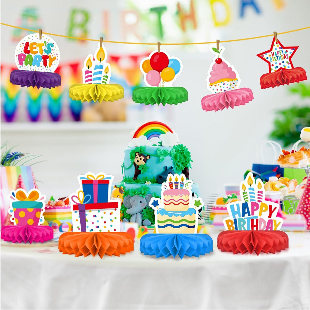Happy Birthday Decorations Set - Colorful Themed Honeycomb Centerpiece, Table Decoration for Kids'