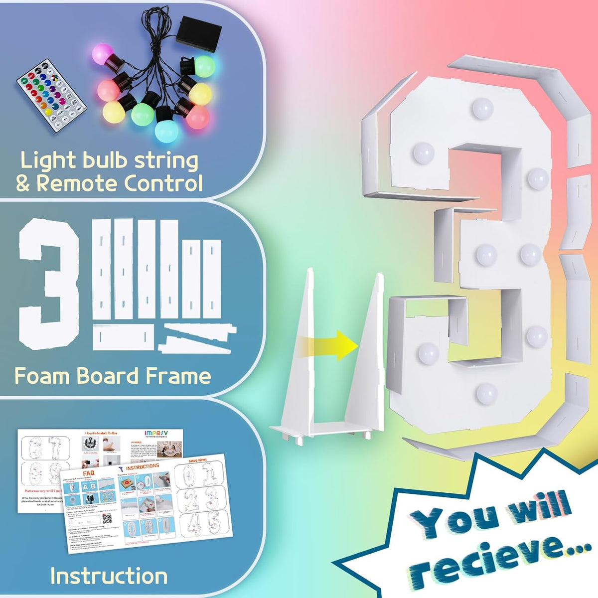 imprsv 3FT Colorful Marquee Numbers,18 Colors Number 3 with Remote, Light Up Numbers Sign for 3rd