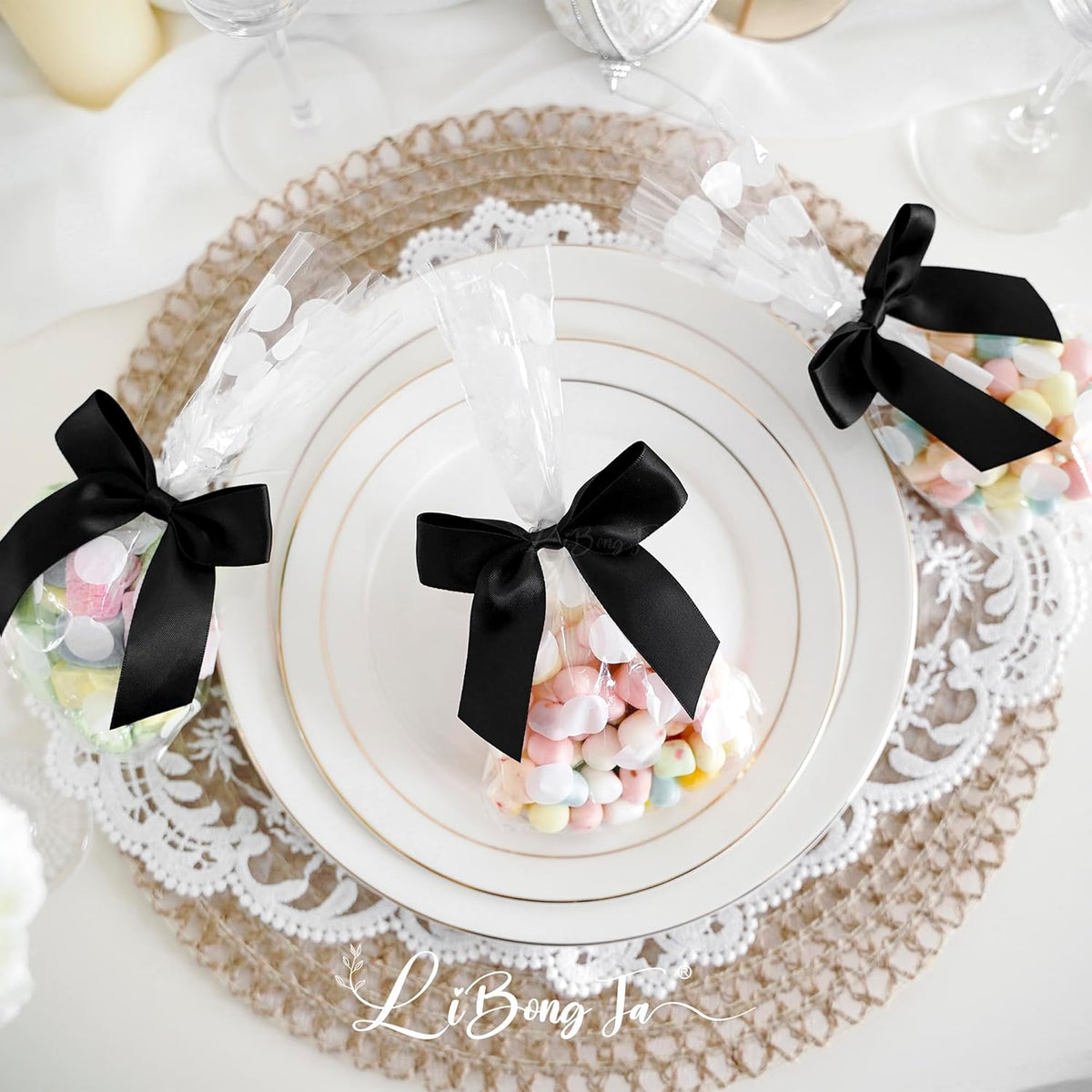3.5" Black Bow Satin Pre-Tied Bows for Gift Wrapping, Small Bows for Crafts, Premade Bows, Candy