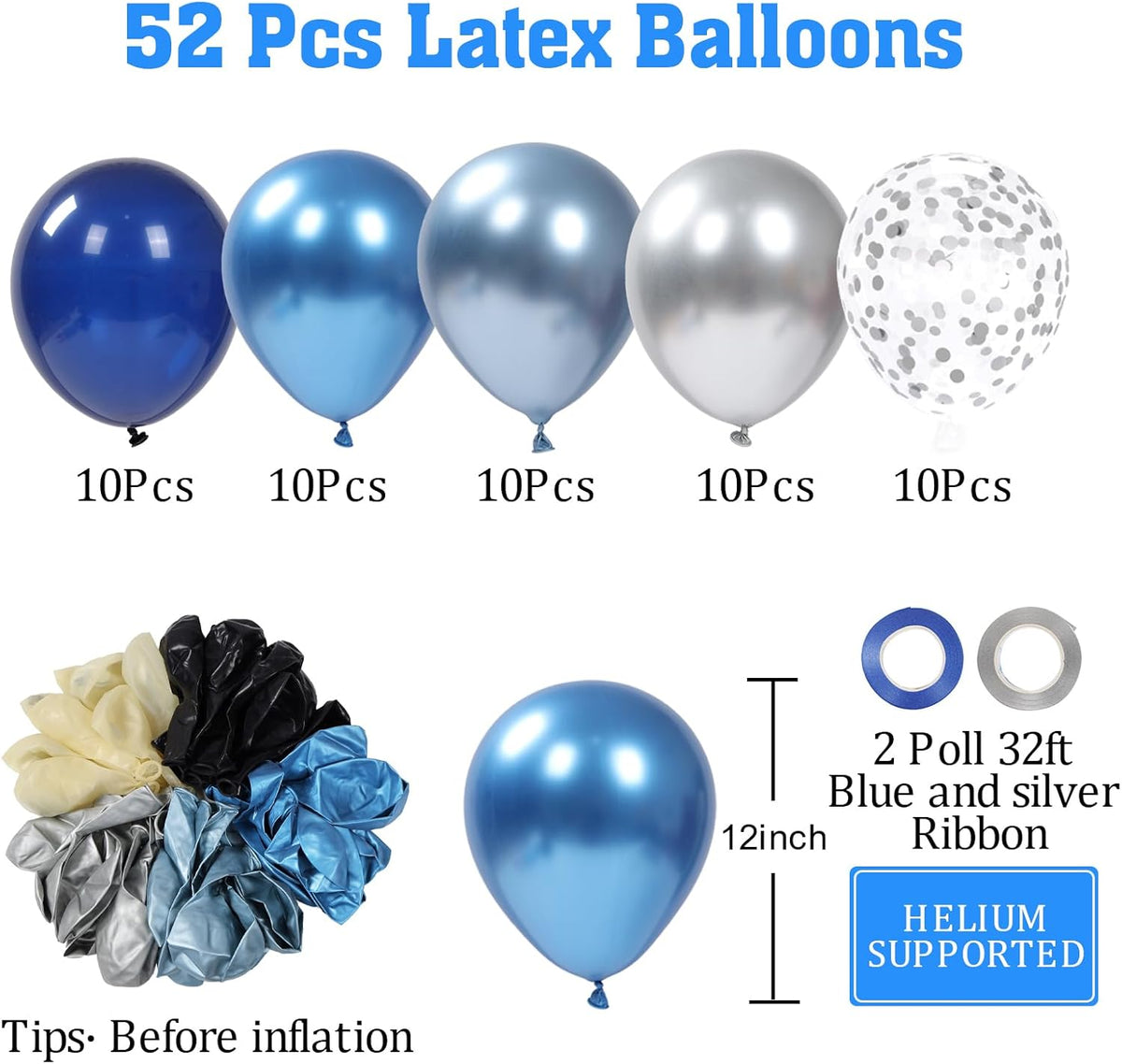Patimate Blue Silver Balloons Set, 50 pcs 12 inch Metallic Navy Royal Blue Silver Confetti Latex