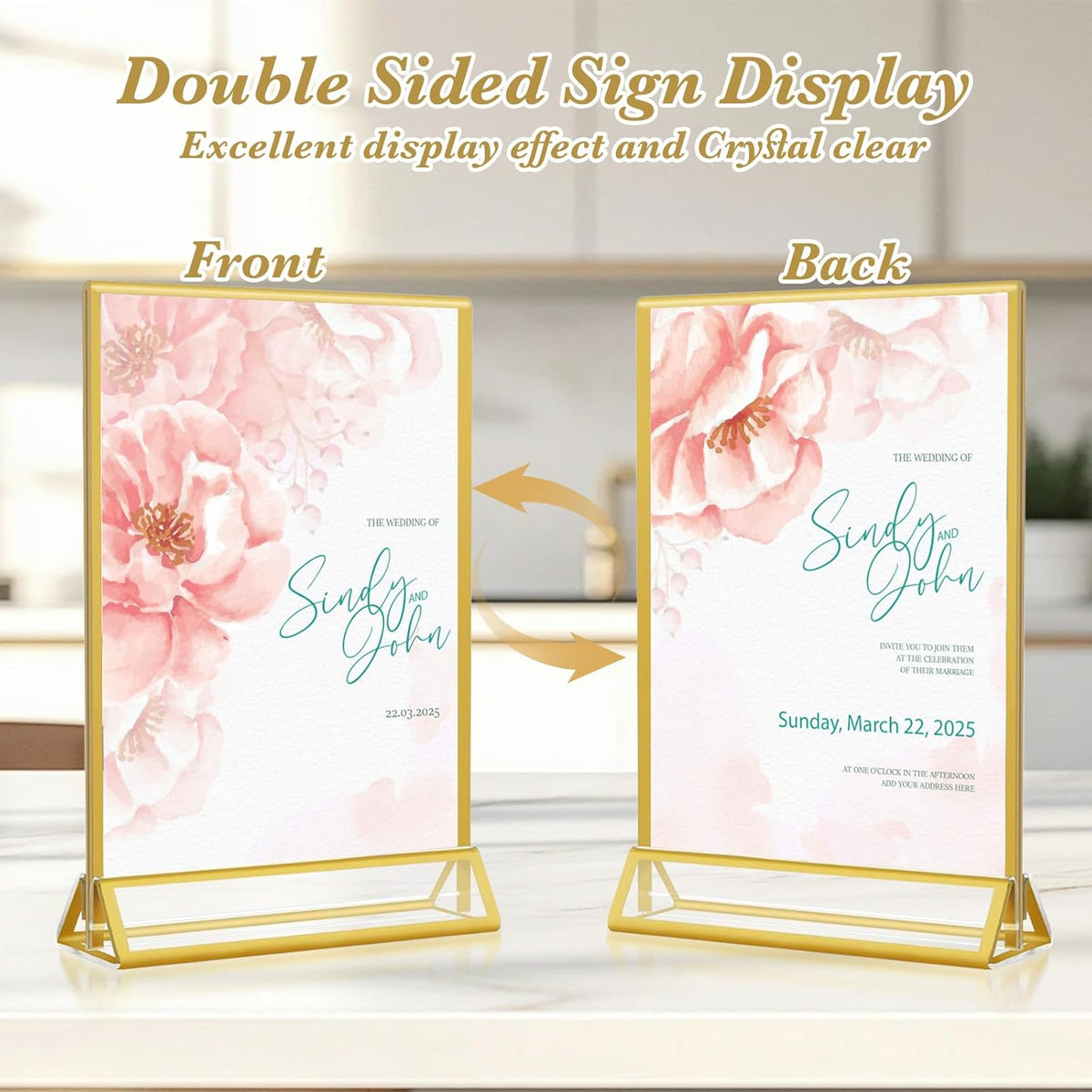 Gold Acrylic Sign Holder 5x7, 16 Pack Wedding Gold Frame Table Number Holders Vertical, Clear