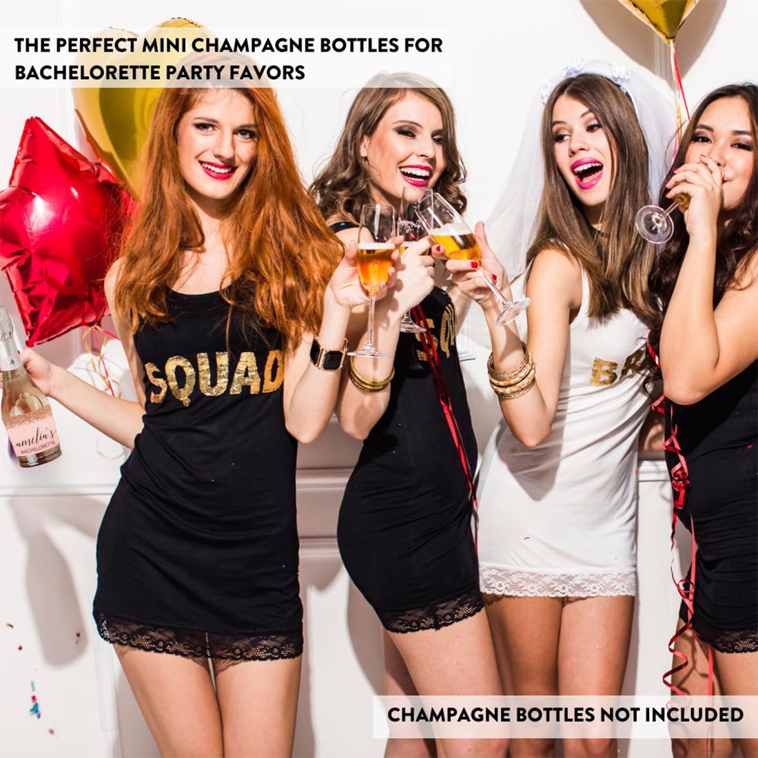 Andaz Press Personalized Bachelorette Mini Wine Labels, Blush Pink Faux Rose Gold Glitter Elegant