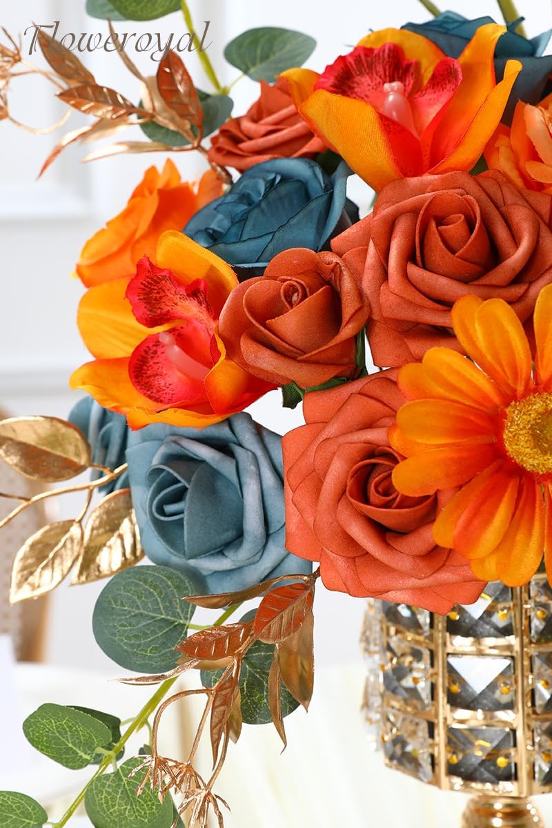 Floweroyal Artificial Flowers Combo Orange Flowers Mix Silk Flowers Fake Roses with Stems for DIY