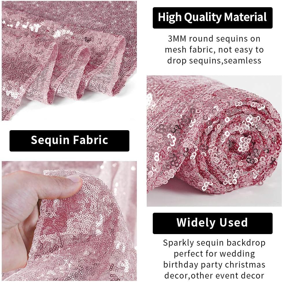 Hahuho Rose Pink Sequin Backdrop Curtain, 2PCS 2FTx8FT Glitter Backdrop Curtain for Parties