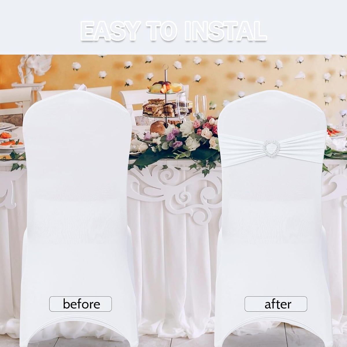 Howhic Pack of 60 Spandex Chair Sashes Bows Stretch Chair Cover Band with Buckle Slider Universal