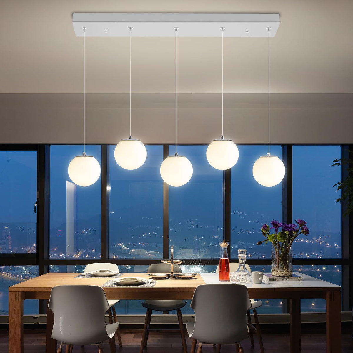 5-Lights Globe Pendant Light for Kitchen Island H 98" Silver Rectangle Chandelier Milk White Glass