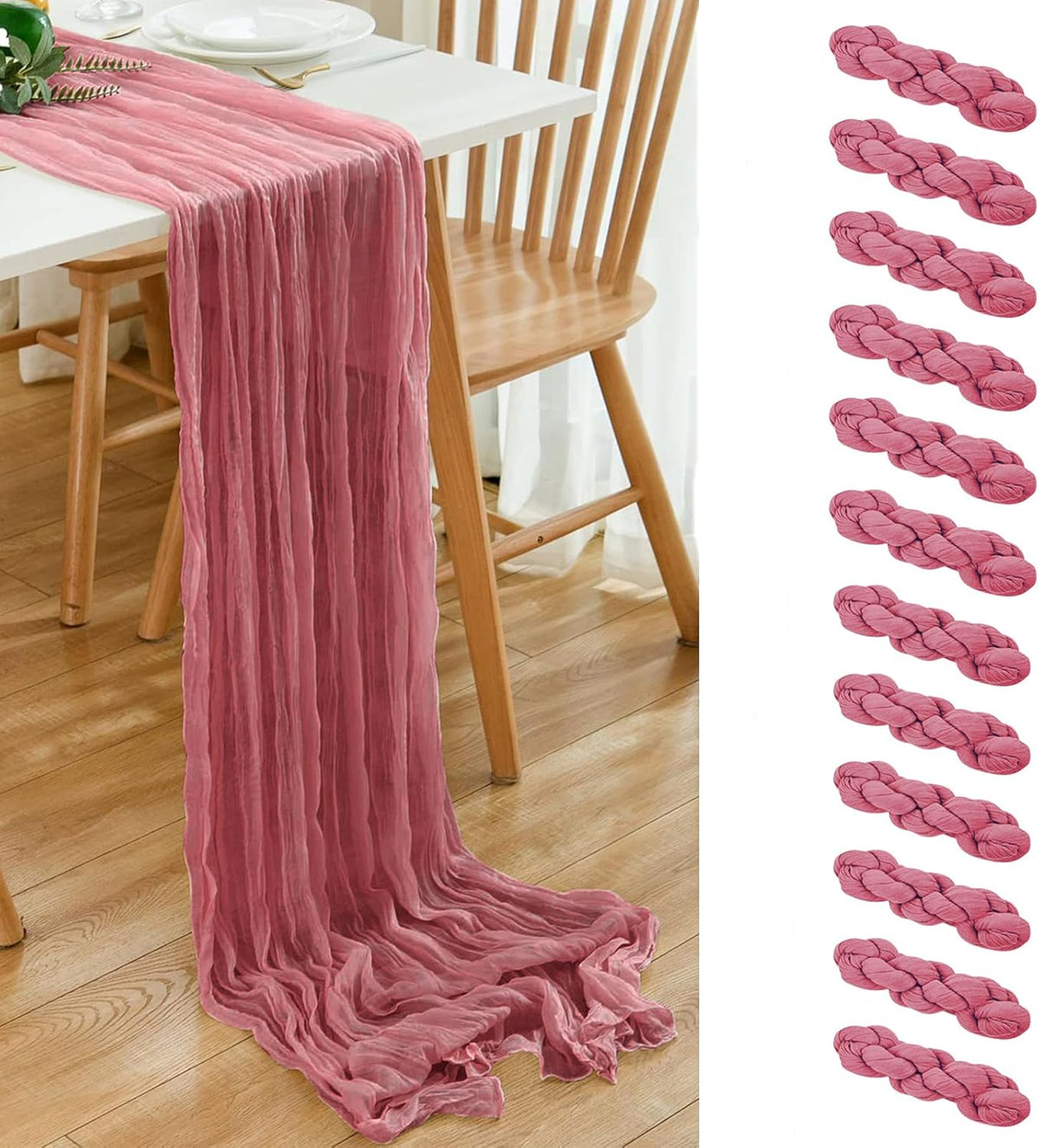 12 Pack Dusty Rose 10 Ft Cheesecloth Table Runner 20x120 Inch Boho Wrinkled Sheer Romantic Gauze
