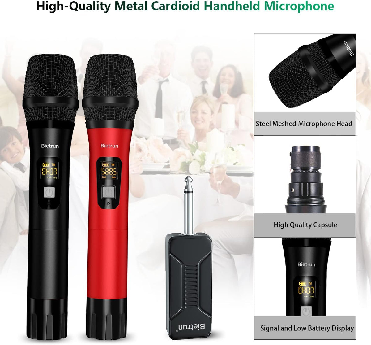 Bietrun Wireless Microphone Dynamic Mic System with Rechargeable Receiver, 1/4" Output, for