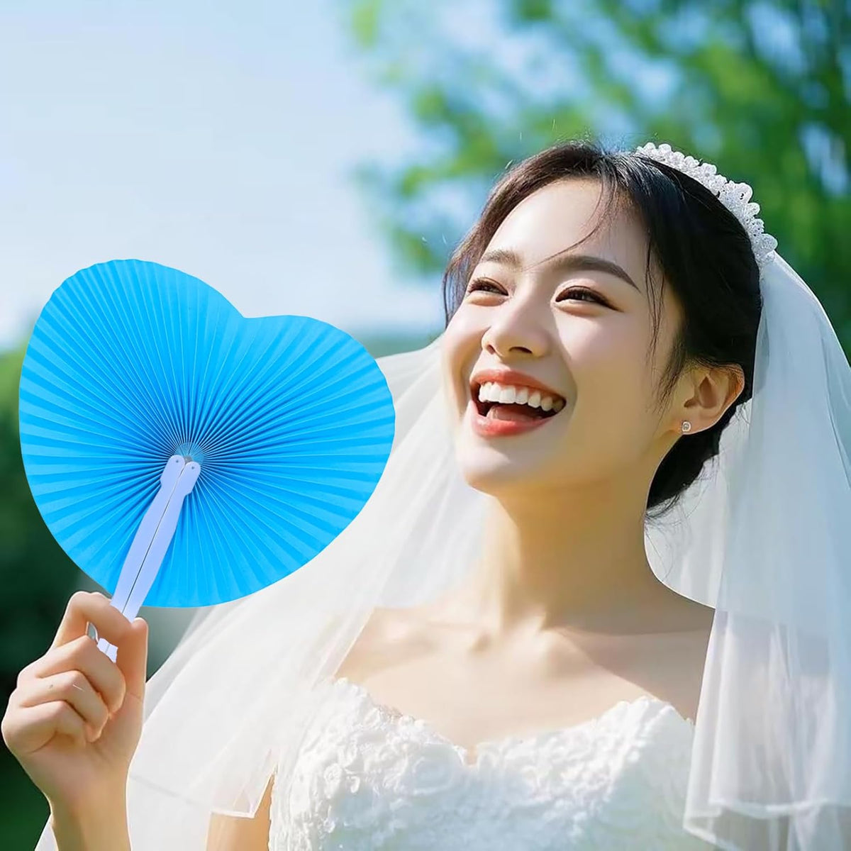 12 Packs Decorative Paper Folding Hand Fans Handheld,Blue Heart Foldable Wedding Fans Chinese and