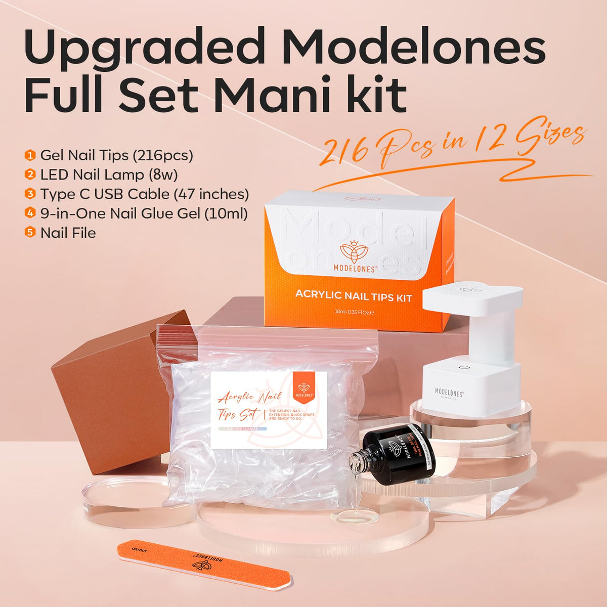 modelones Short Almond Gel Nail Tips Kit, 9-in-One Nail Glue with Portable U V Lamp 216Pcs 12Sizes