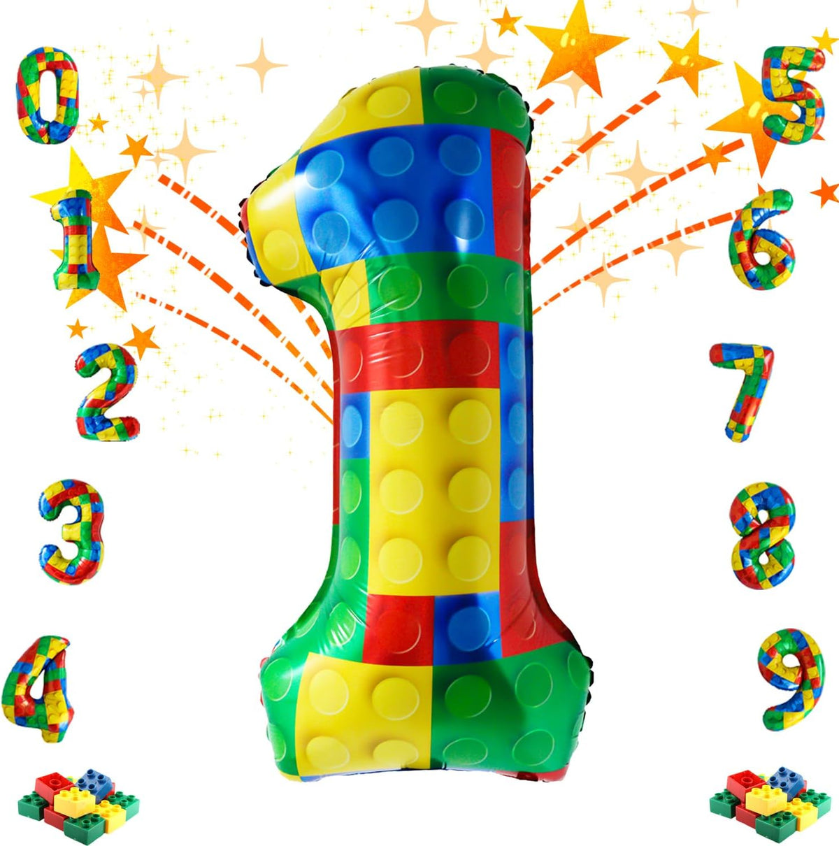 32 Inch Stackable Block Number 1 Balloon – Colorful Brick Building Themed Big Helium Digits for