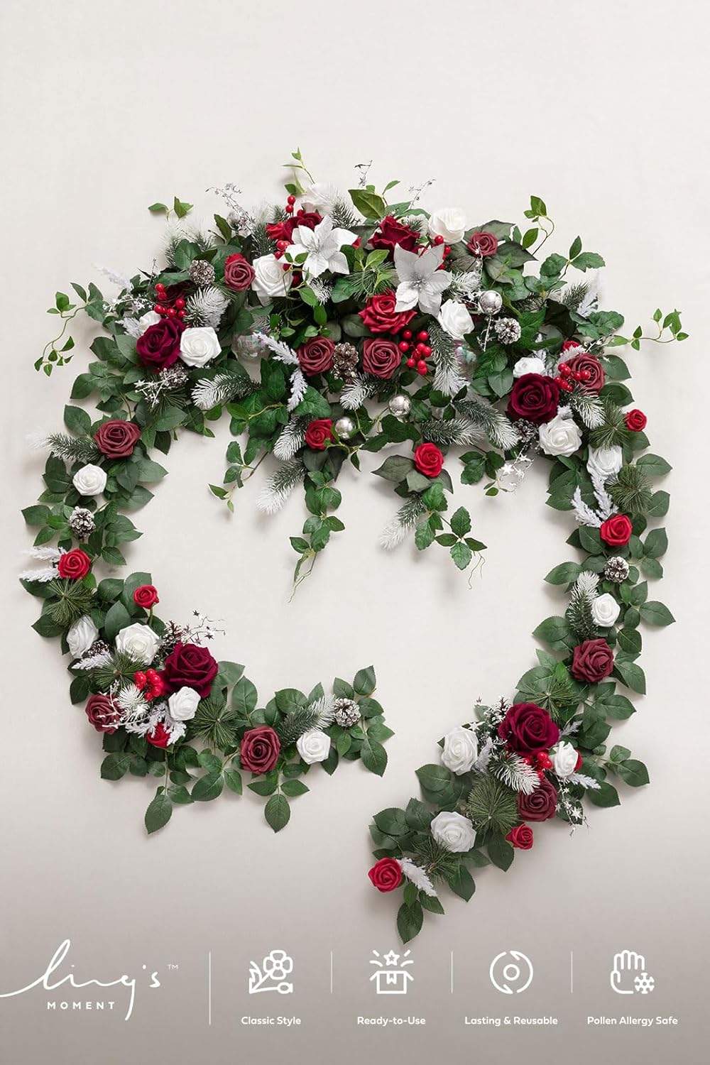 Ling's moment 9FT Eucalyptus and Willow Leaf Garland with White Flower, Handcrafted Wedding