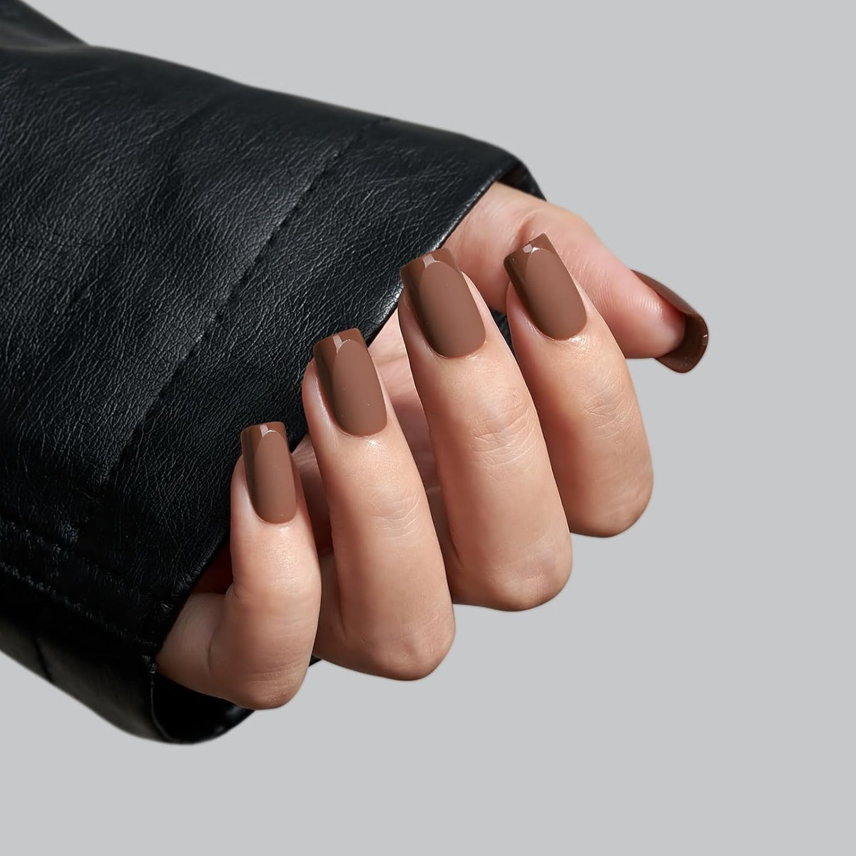 BTArtbox Press on Nails Short Square - Dark Brown Nails with Glossy French Tips in a Matte Finish