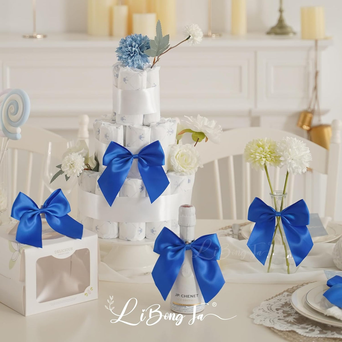 5'' Royal Blue Bow Party Decorations Satin Bows, Twist Tie Bows for Treat Bags, Cake Pops, Pre-tied