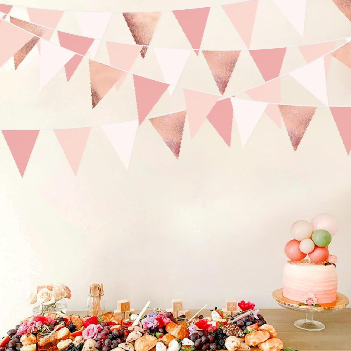 32Ft Rose Gold Party Decorations Dusty Blush Pink Pennant Banner Fabric Triangle Flag Bunting