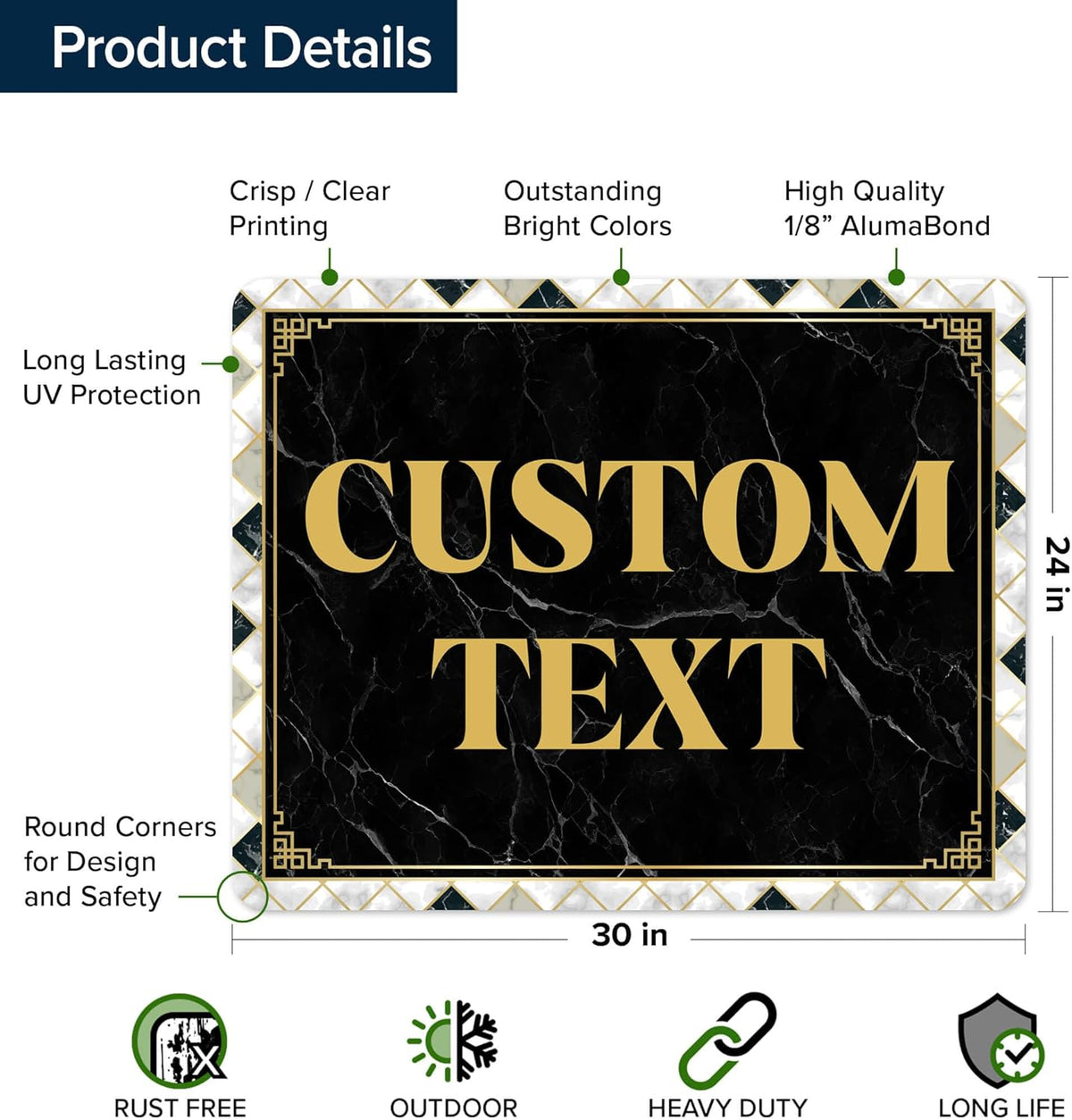 Custom Sign, Custom Street Sign, 11 Font Colors, 13 Font Styles, 4 Hole Options, 22 Sizes, 24x30