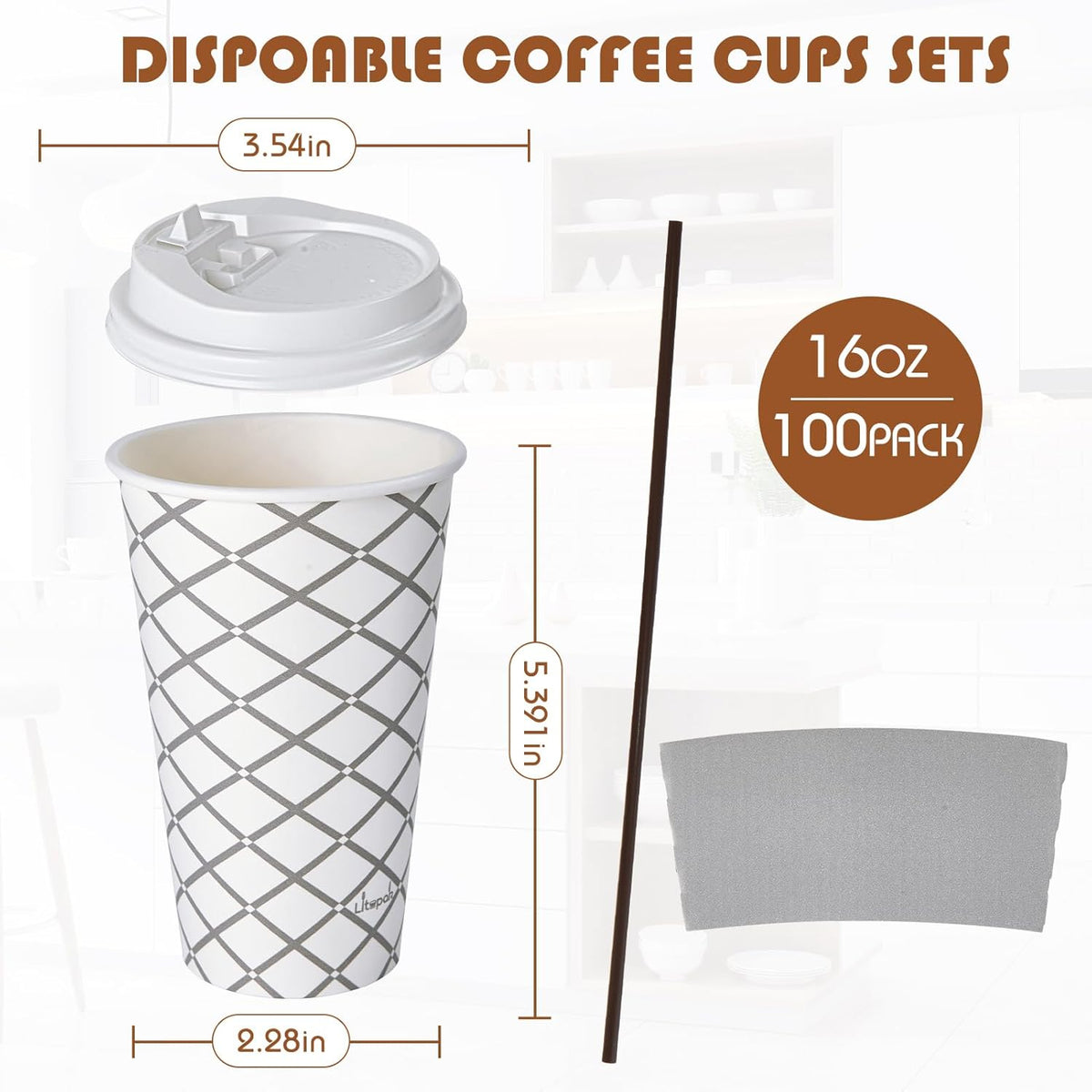 LITOPAK 100 Pack 16 oz Paper Coffee Cups, Disposable Coffee Cups with Lid, Sleeve, and Straws for