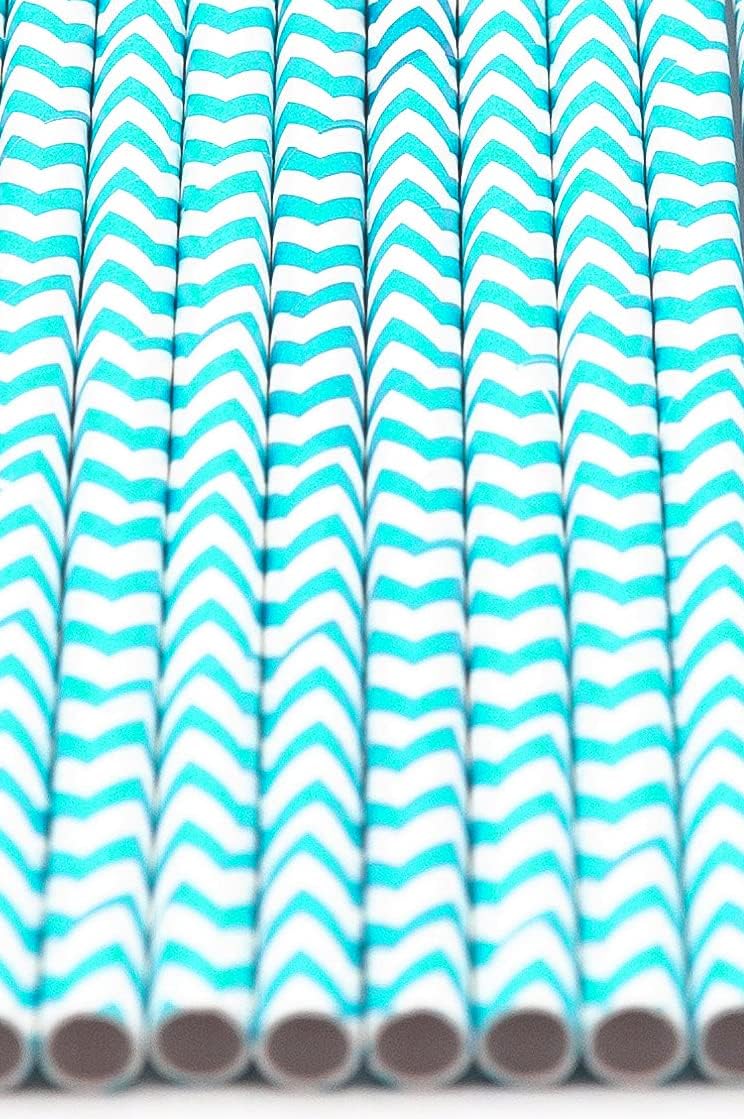 Pack of 900 Turquoise Chevron Biodegradable 4-Ply Paper Drinking Straws (Compostable, Non-toxic