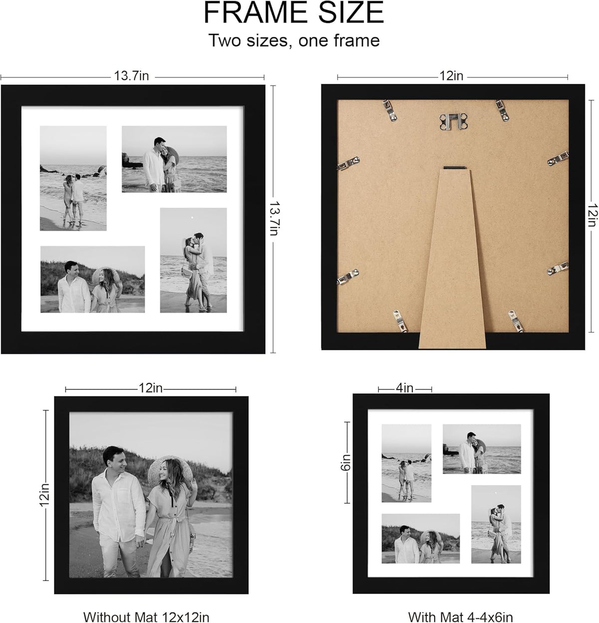 12x12 Picture Frame Set of 2, Black Wood Frame with Glass Collage Frame, Display Pictures 4-4x6