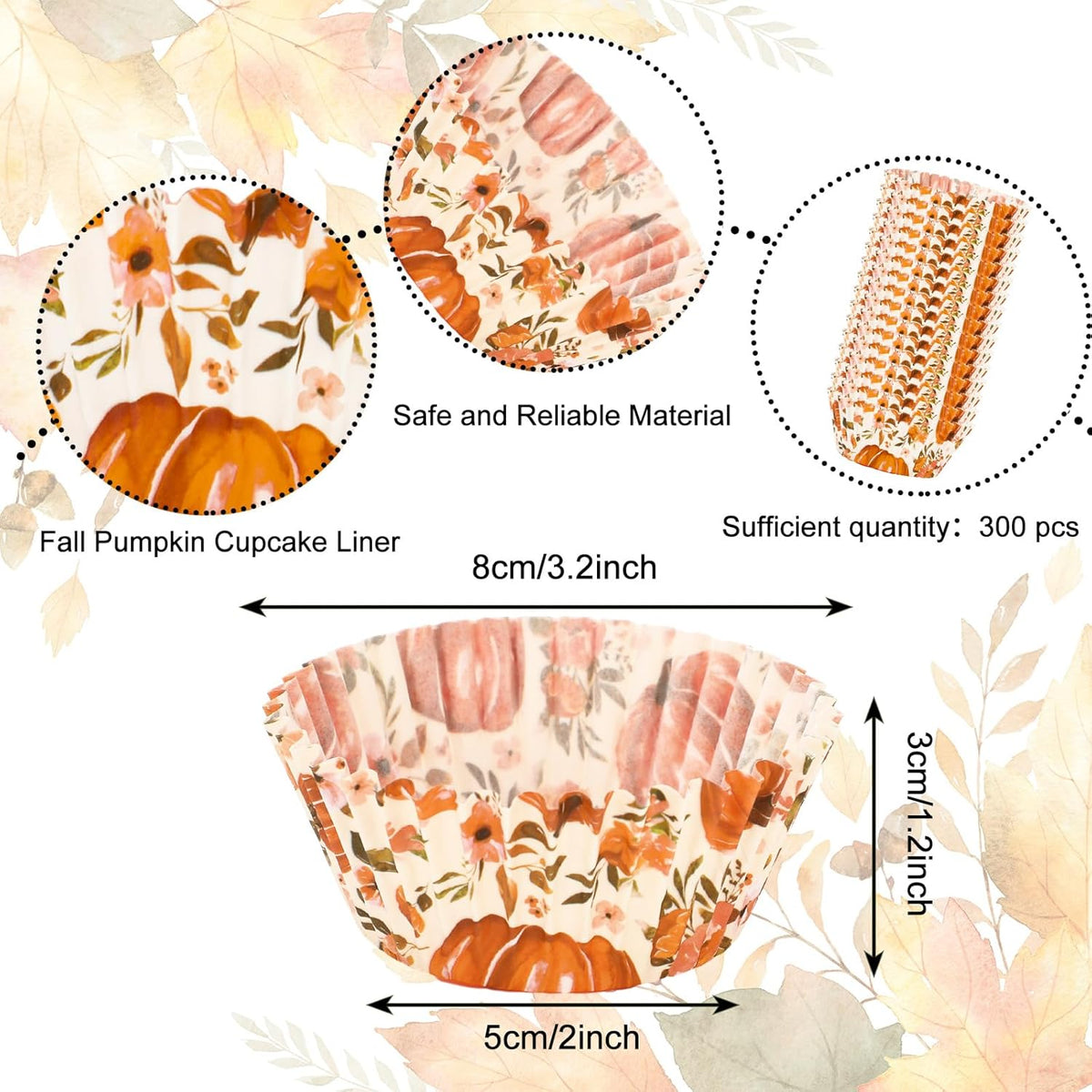 Whaline 300Pcs Fall Cupcake Liners Watercolor Pumpkin Flower Paper Baking Cups Autumn Floral Muffin