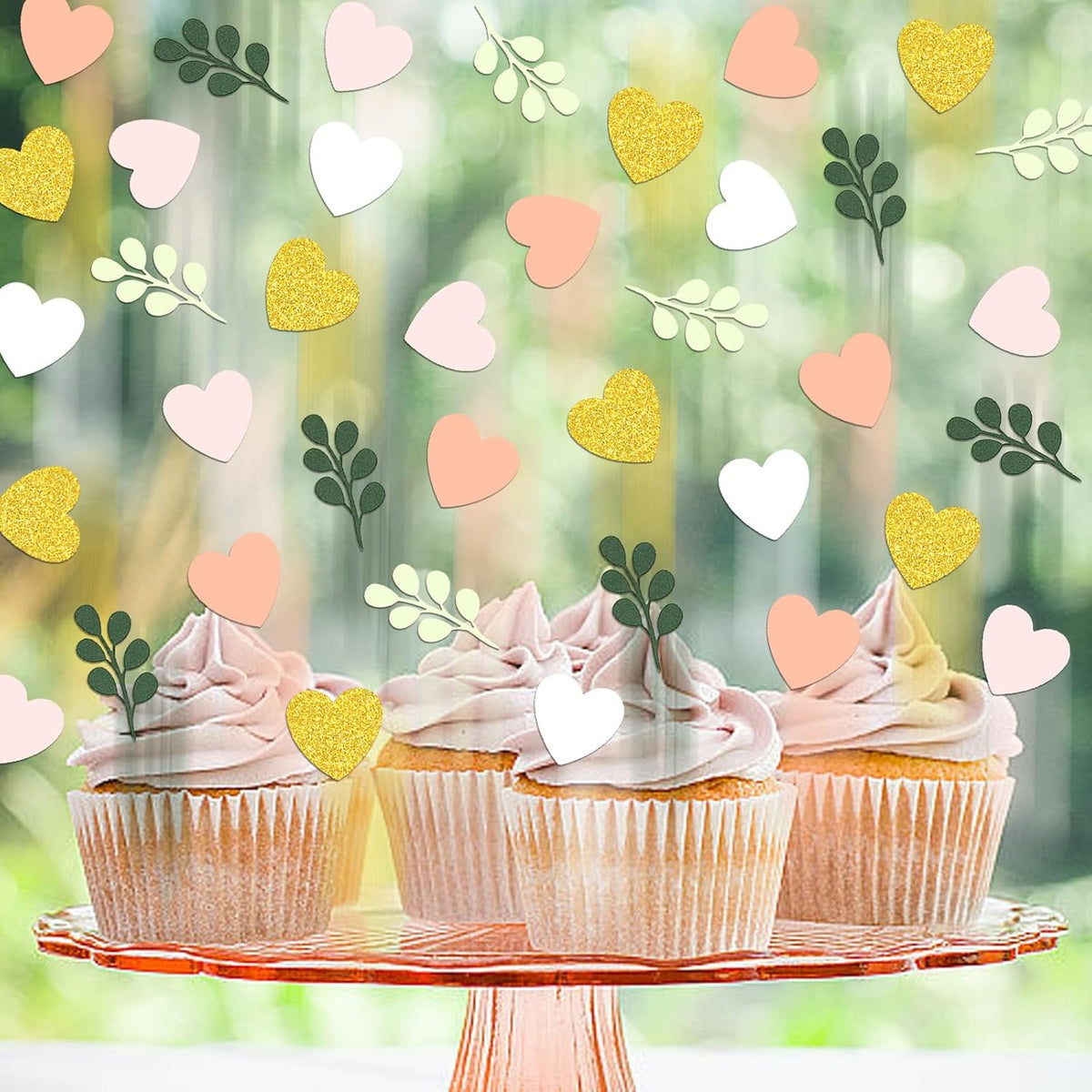 200PC Heart Wedding Confetti Greenery Eucalyptus Table Scatters for Pink and Sage Green Bridal