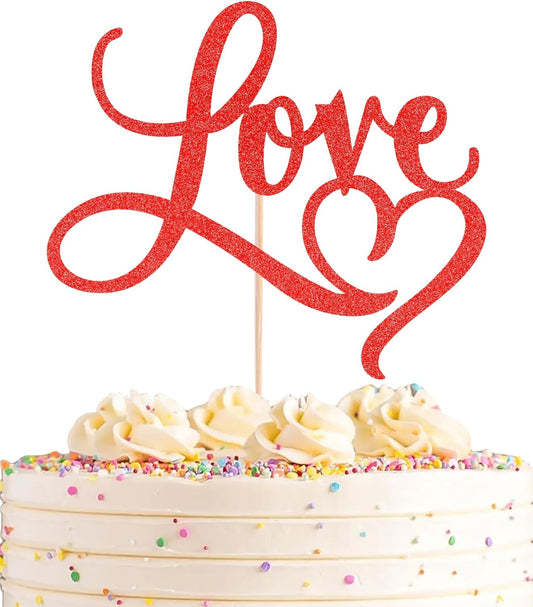 Love Cake Topper - Red Glitter Paper Wedding Cake Decoration Supplies, Perfect for Bridal