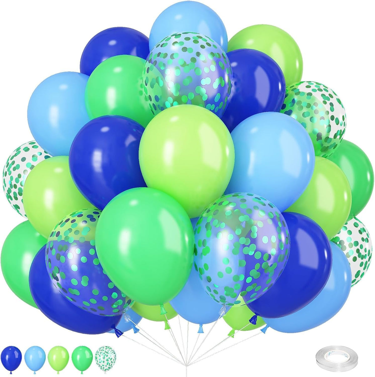 Blue Green Balloons 12 Inch Royal Blue Fruit Light Green Confetti Balloon with Ribbons for Boys
