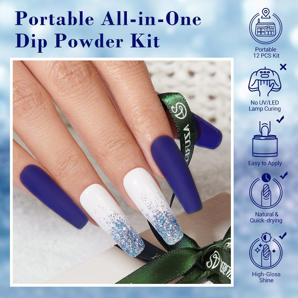 AZUREBEAUTY Christmas Dip Powder Nail Kit Winter White Navy Blue Glitter 4 Colors Acrylic Dipping