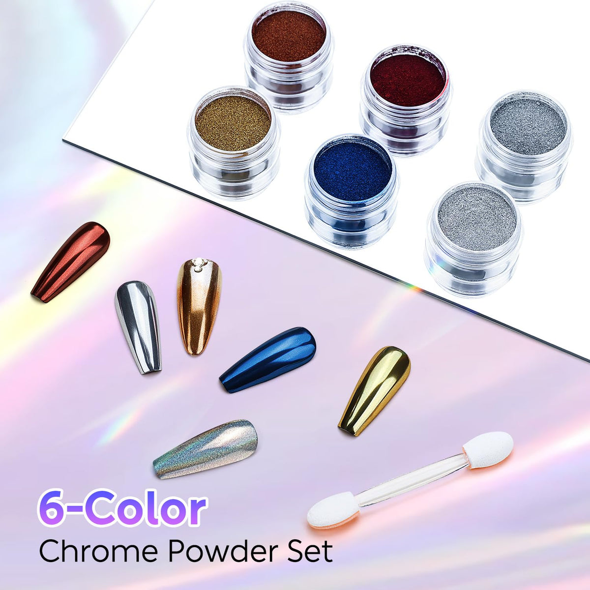 AIMEILI Chrome Nail Powder, Vegan, Cruelty Free, 6 Colors Mirror Effect Holographic Chameleon