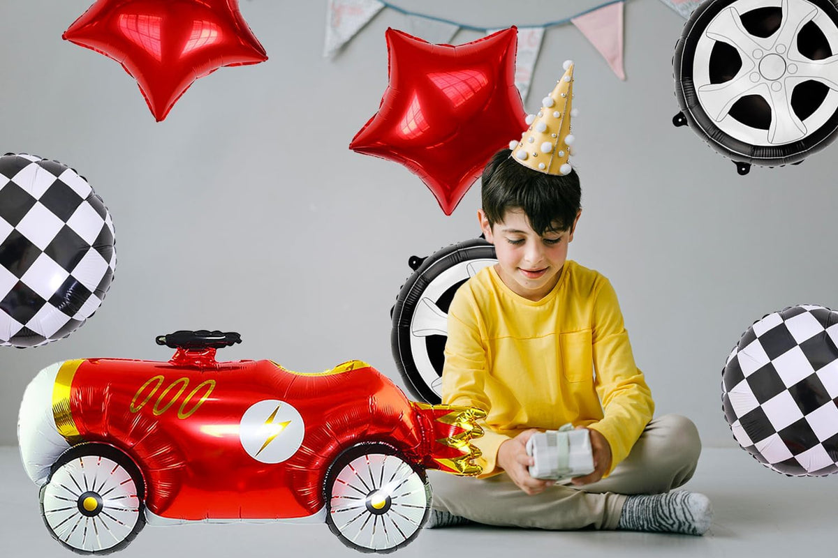 7 Pcs Vintage Race Car Balloon Set,Black and White Checkered Car Wheel Red Star Foil Helium