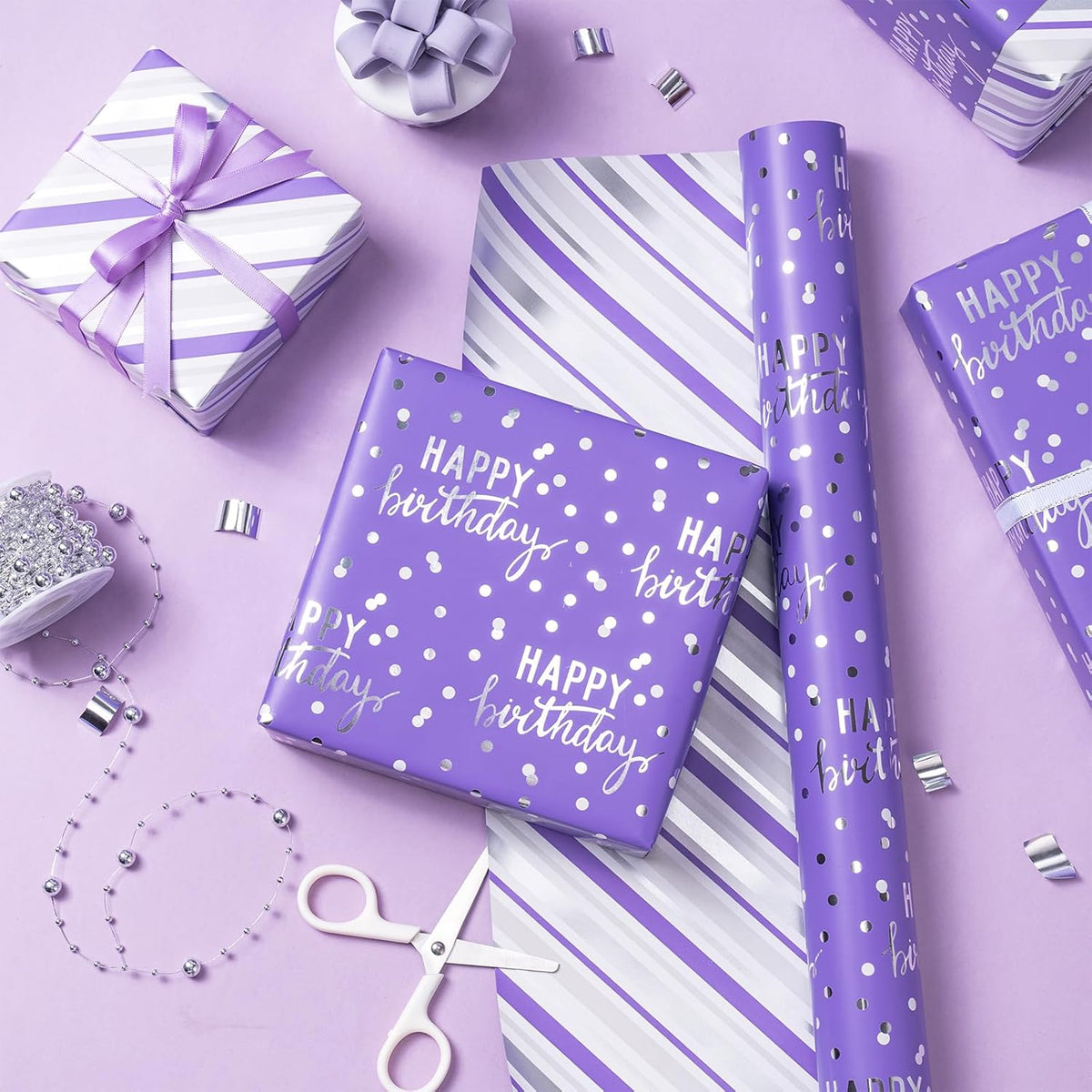 LeZakaa Reversible Purple Birthday Wrapping Paper Roll for Girls Women, Happy Birthday Lettering &