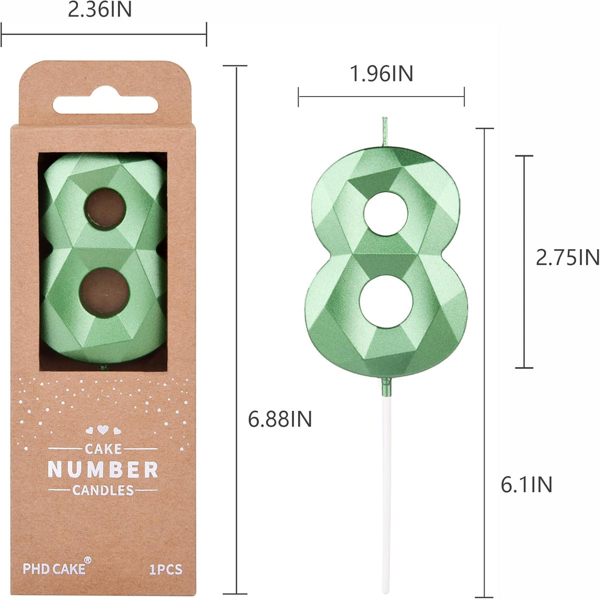 PHD CAKE 2.76 Inch Crystal Green 8 Number Cake Candle, Numeral Birthday Candles, Green Number
