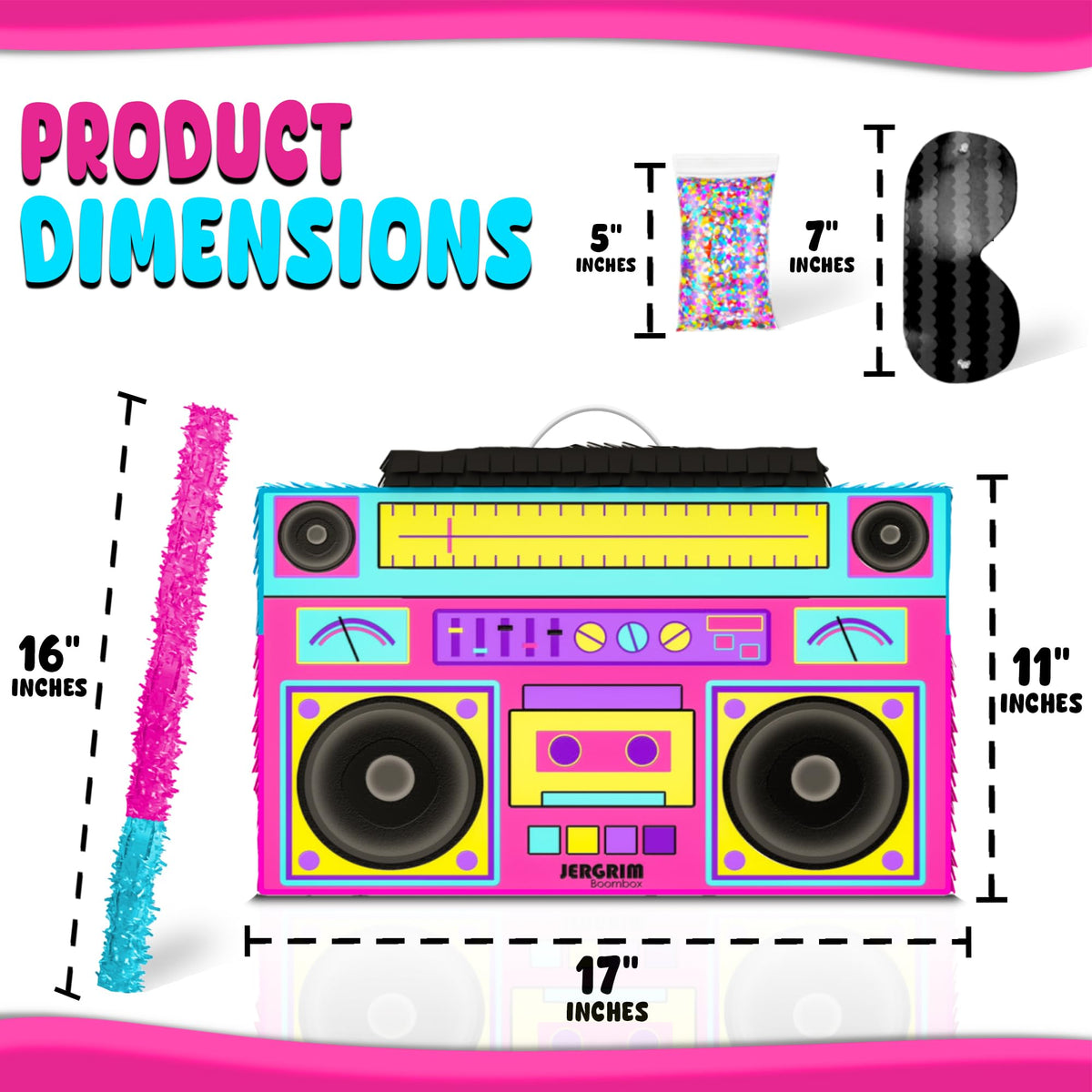 Jergrim Boombox Piñata 4-Piece Set perfect for Retro Birthday Party, Decorations, 80s Parties, Hip