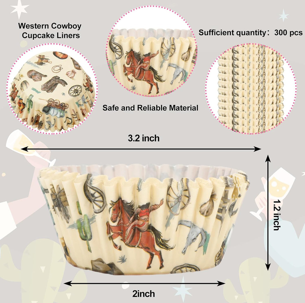 Whaline 300Pcs Western Cowboy Cupcake Liners Western Theme Paper Baking Cup Retro Wild West Cowboy