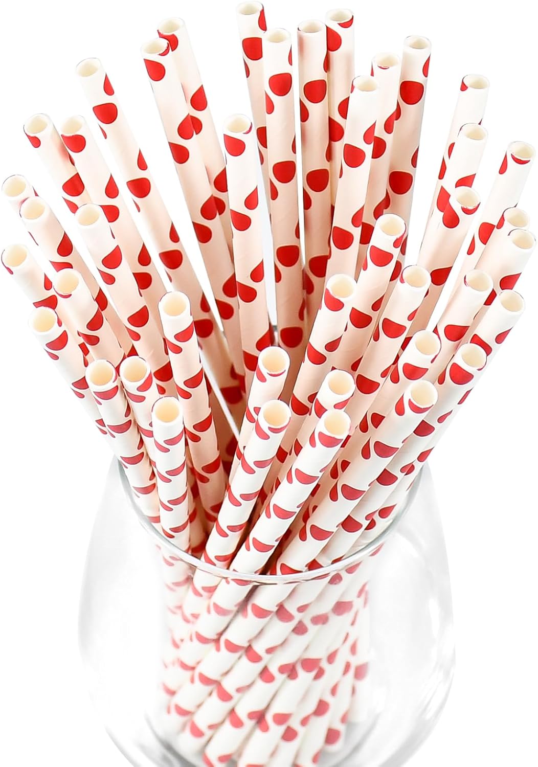 7.75'' x 0.24'' Red Polka Dots Disposable Paper Straws for Drinking, Compostable, 100 Counts - for
