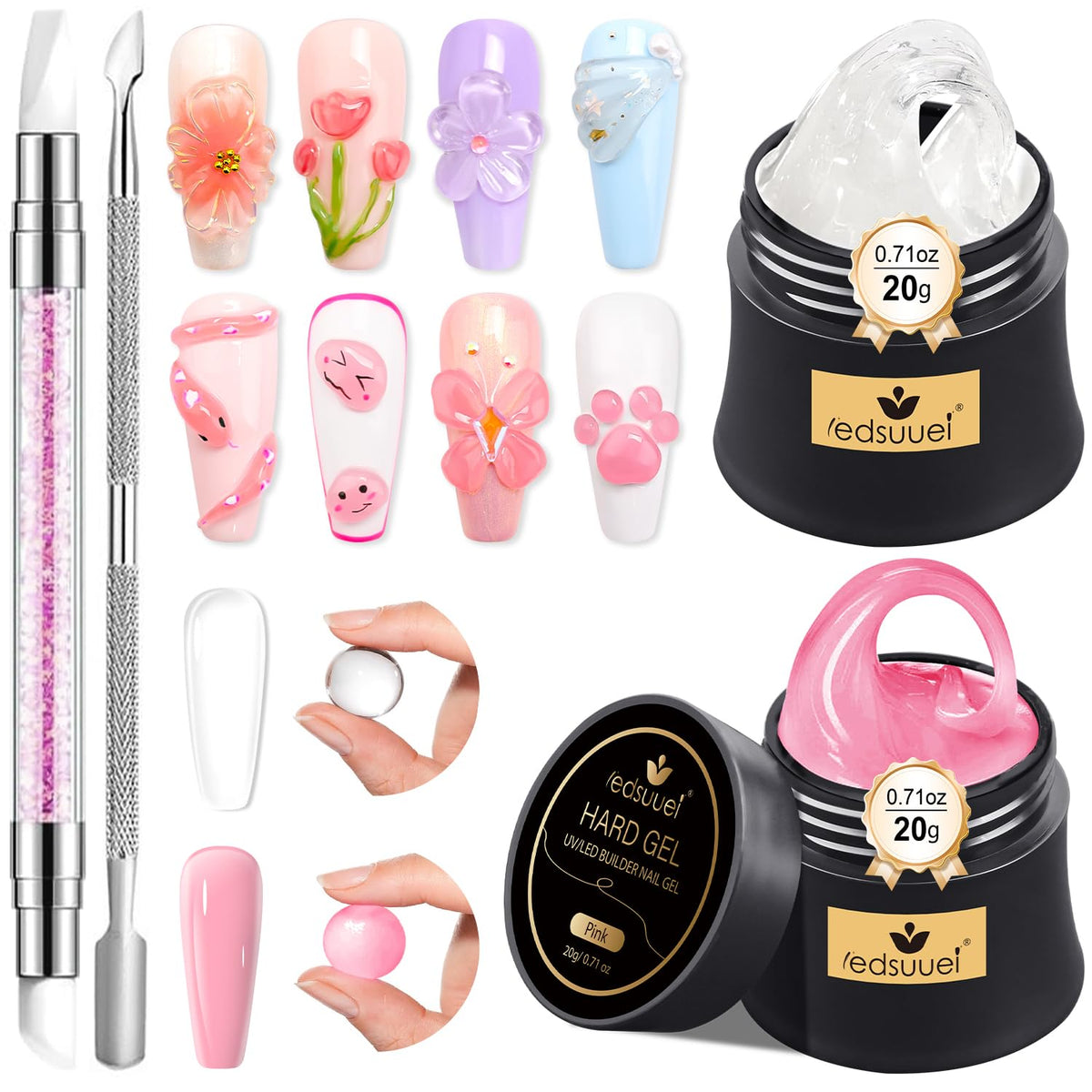 Solid Builder Gel for Nails LEDSUUEI - 2 Color Clear Pink 3D Nail Gel Sculpting Non-Sticky Hand