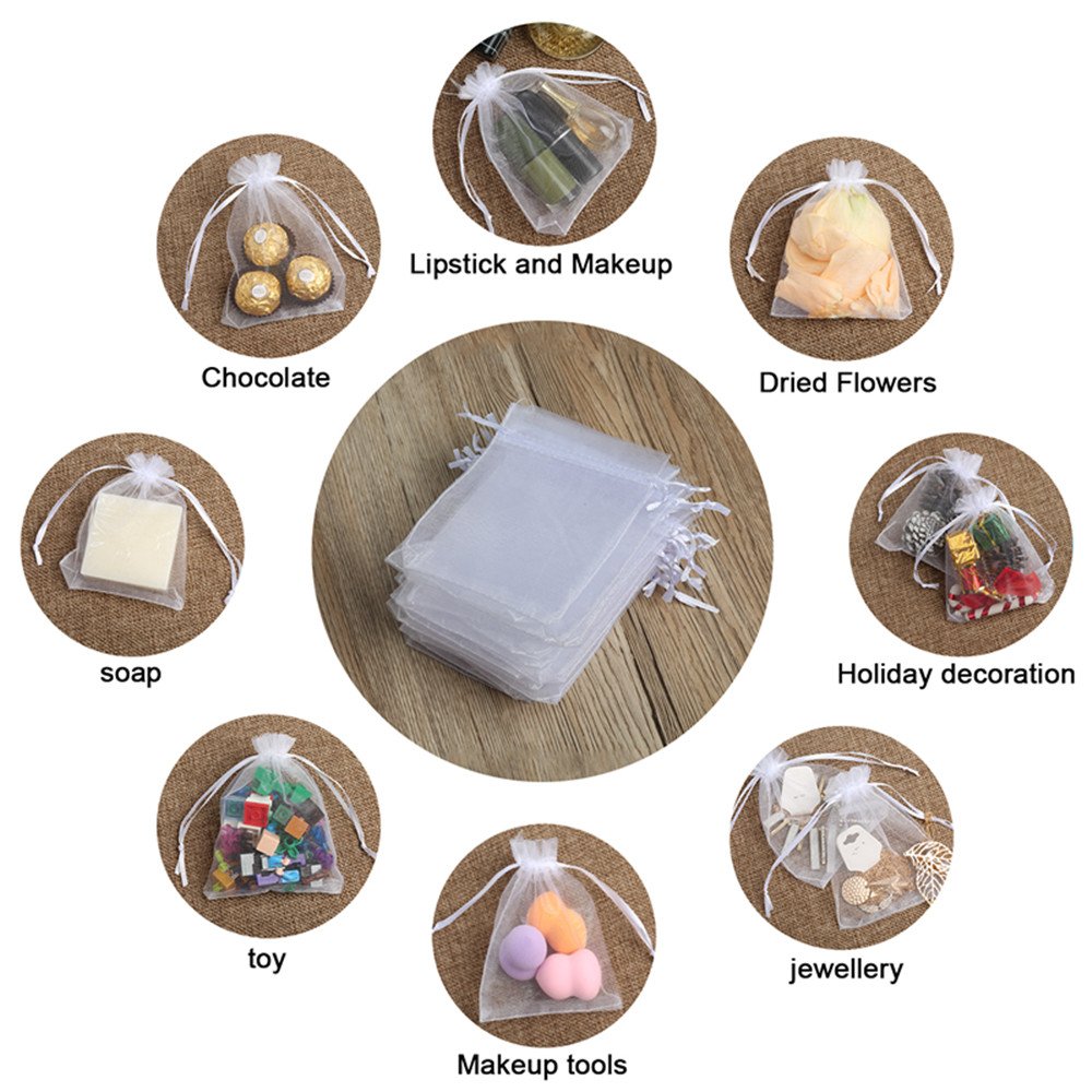 Hopttreely 100PCS Premium Sheer Organza Bags, White Wedding Favor Bags with Drawstring, 4x4.72