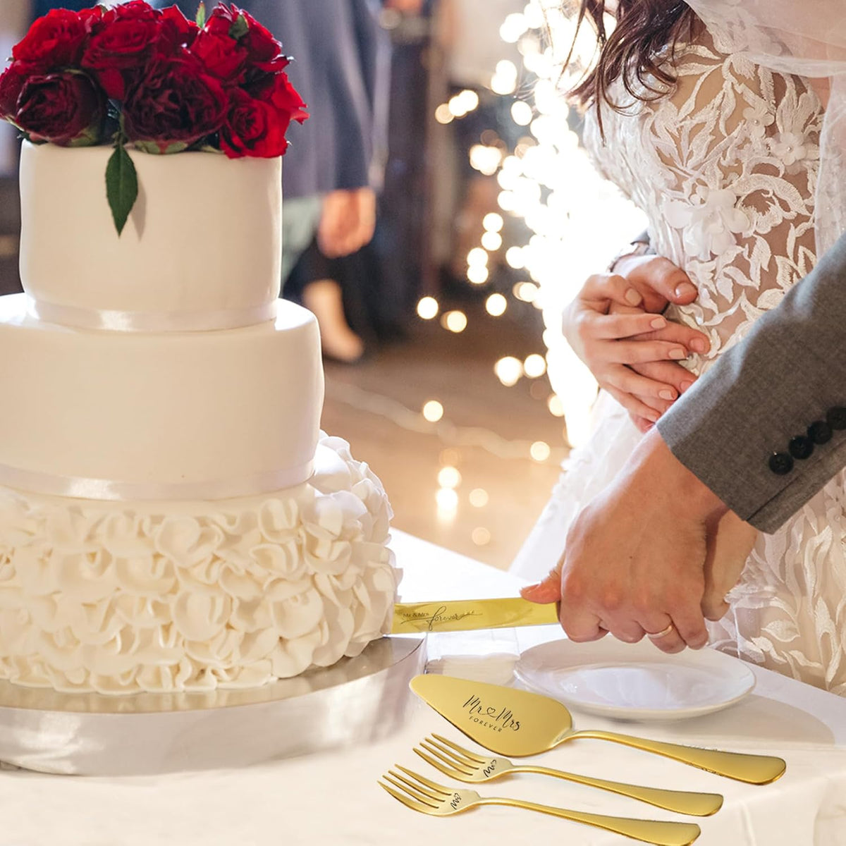 Wedding Cake Knife and Server Set, Gold Mr and Mrs Champagne Flutes and Cake Cutting Set for