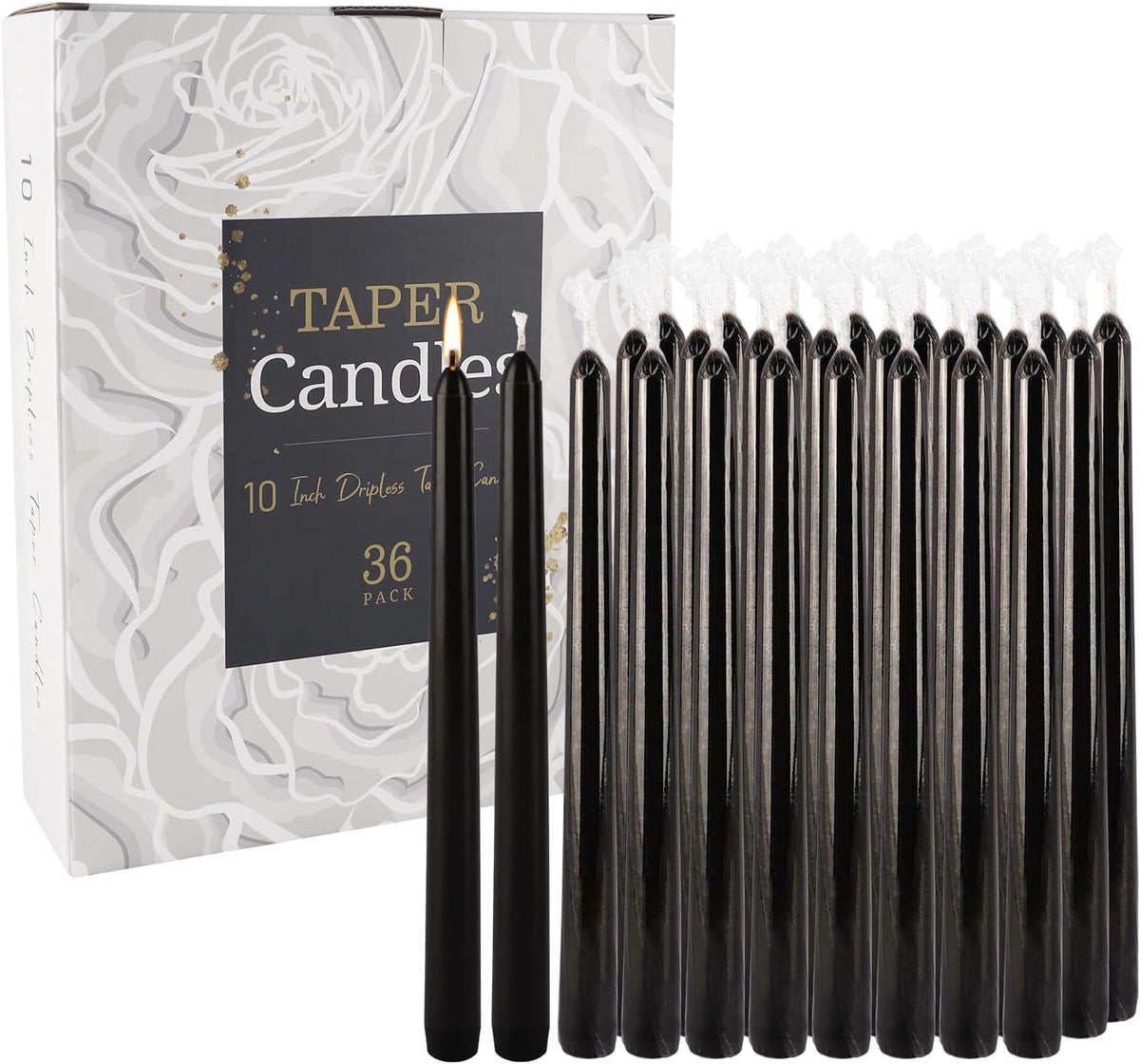 36-Pack 10-Inch Black Taper Candles - Drip-Free Unscented, Long Burning for Dinner Parties