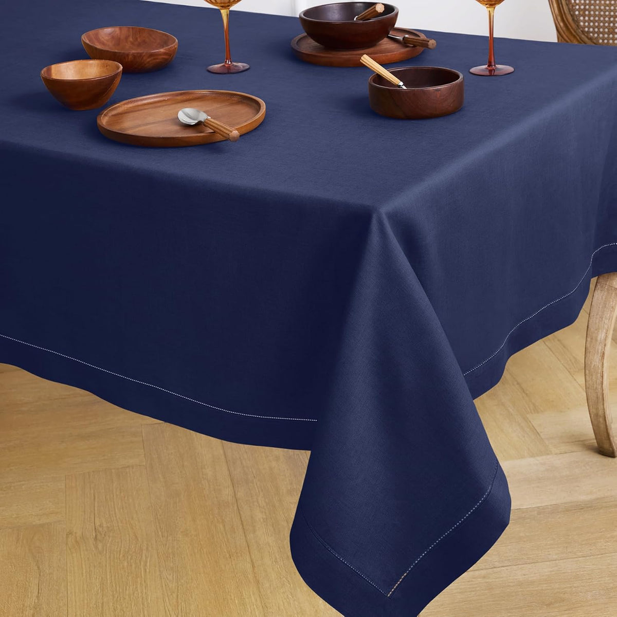 Solino Home Linen Tablecloth 60 x 108 Inch - Classic Hemstitch 100% Pure Linen Navy Blue Table