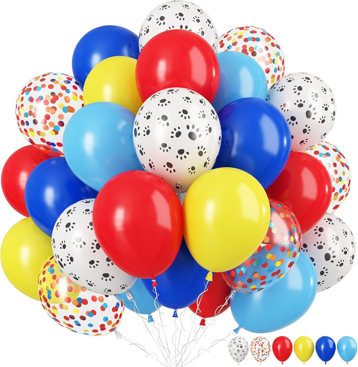Dog Paw Balloons, 12 Inch Carnival Circus Balloons Red Yellow Blue and White Paw Print Puppy