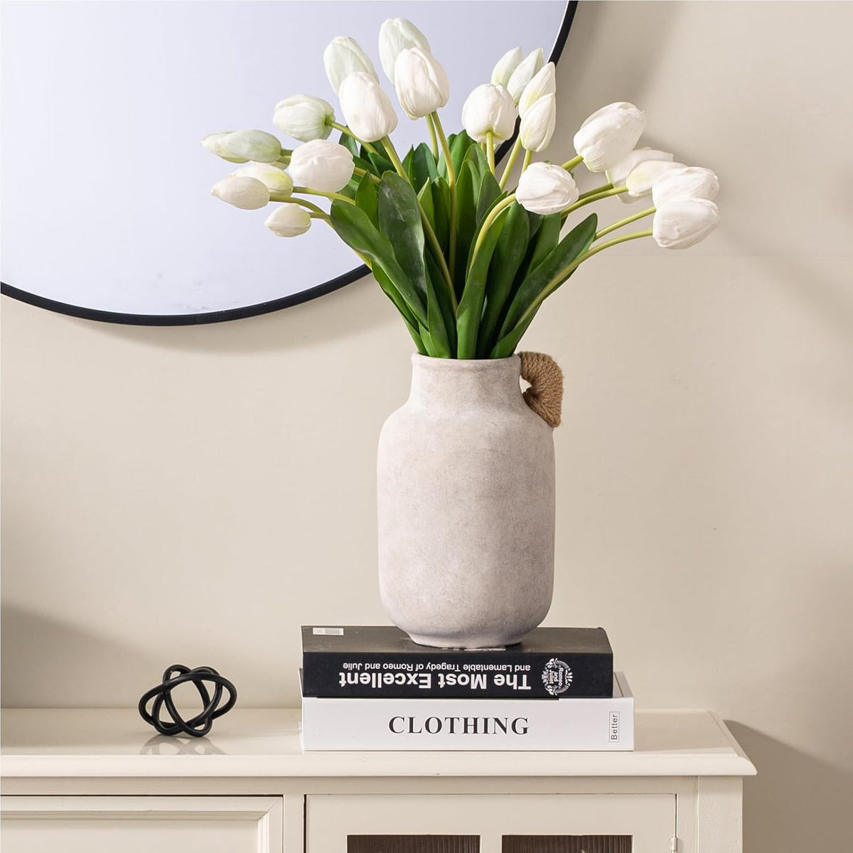 Ceramic Flower Vase Home Decor - 9.7 inch Large White Rustic Table Flowers Vases Living Room