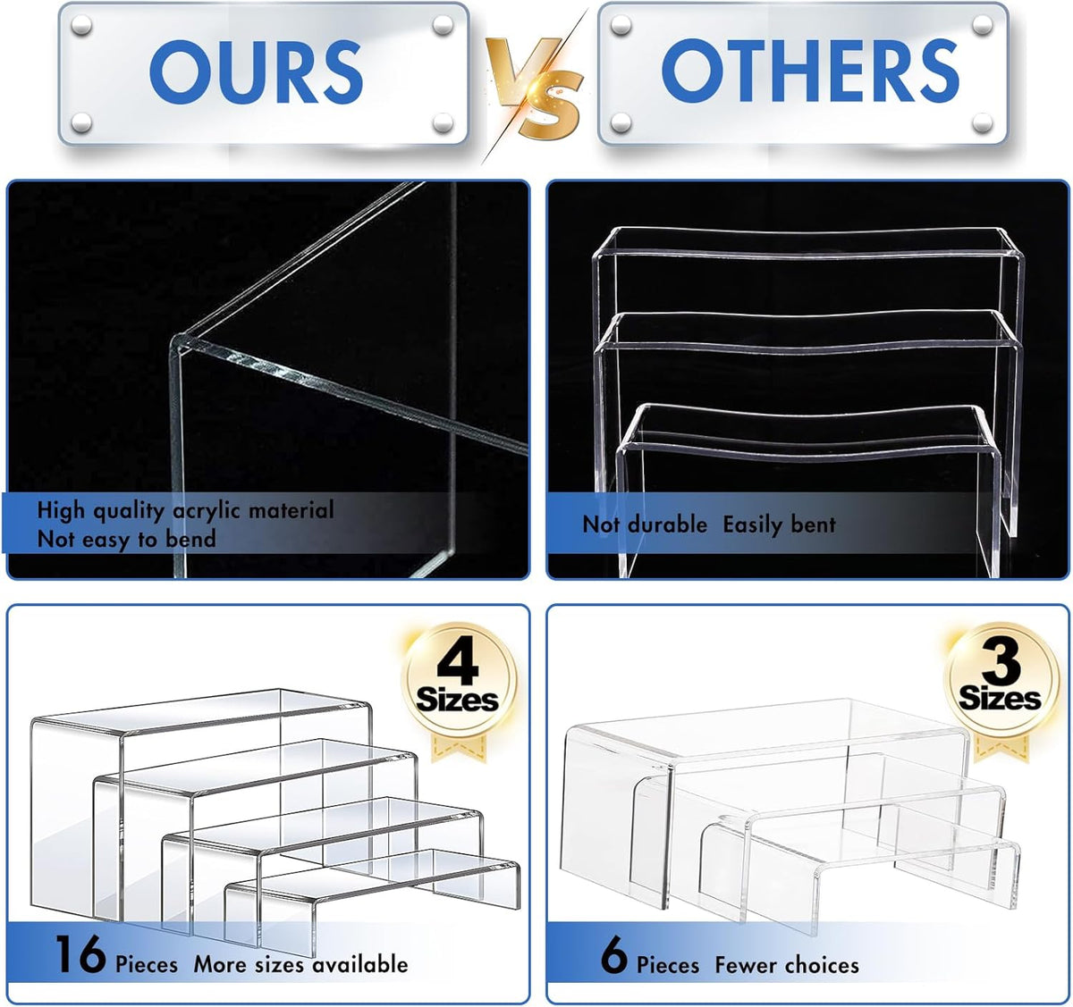 Aheroi Display Risers, 16 Pcs 4 Set(7”L~8”L~9”L) Acrylic Riser Display Shelf, Clear Risers Display