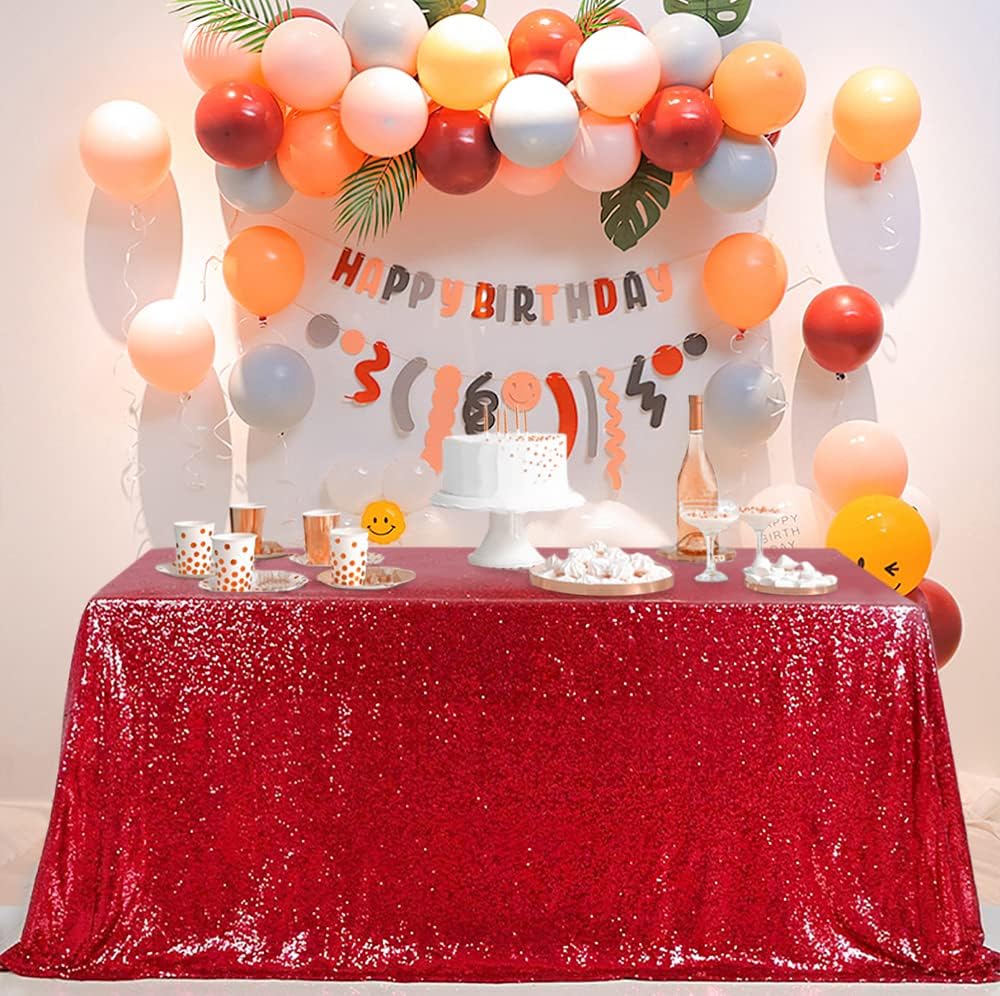 QueenDream Red Sequin Tablecloth 90x132 Inch Red Glitter Table Cloth for Birthday Bridal Shower
